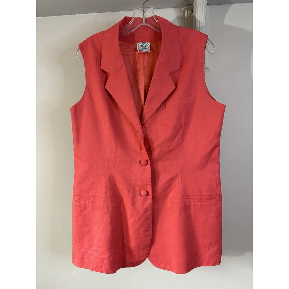 VTG‎ LAURA ASHLEY Coral Red Long Linen Blend Vest 12 Suiting